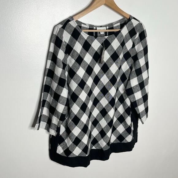 J. Jill Love Linen Pullover Top Womens Large Black Gingham Check 3/4 Sleeve - Picture 3 of 12